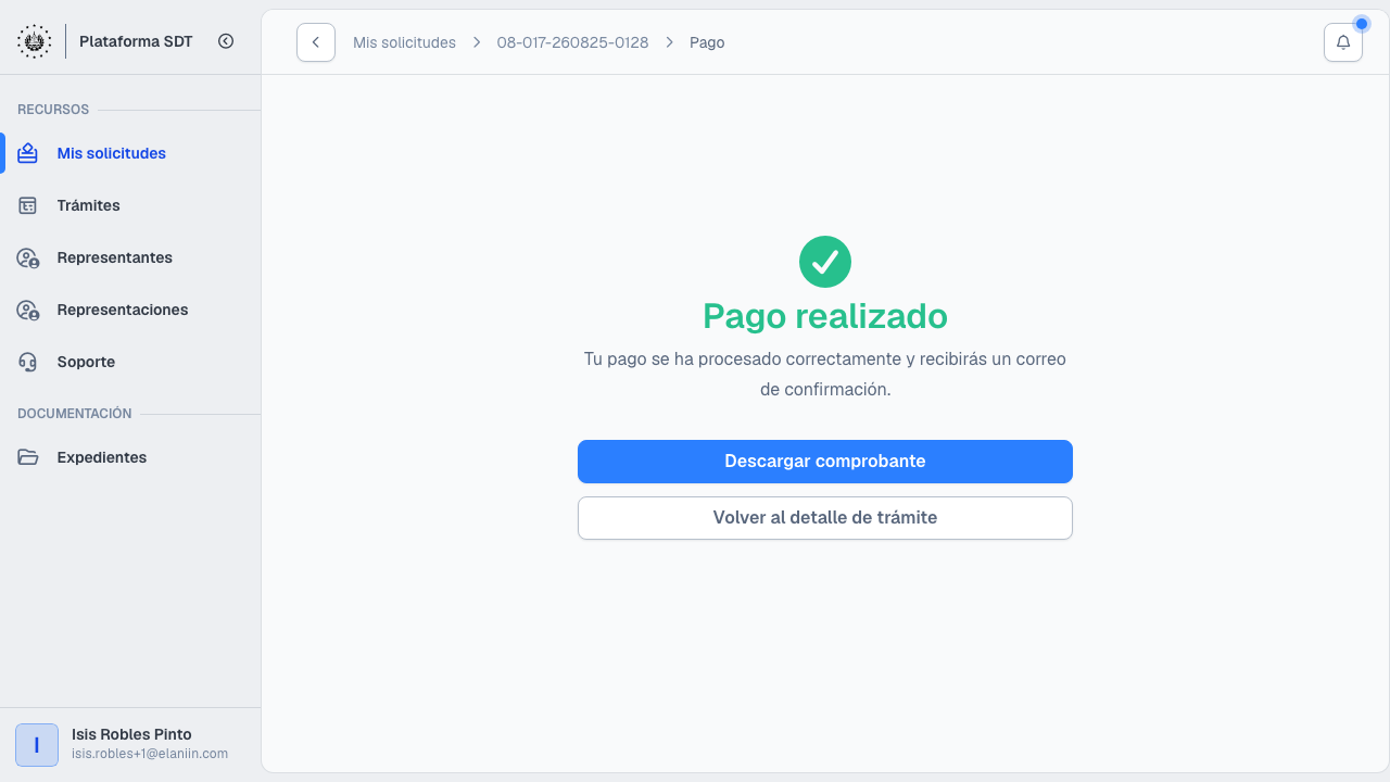 Detalle de solicitud con pago pendiente