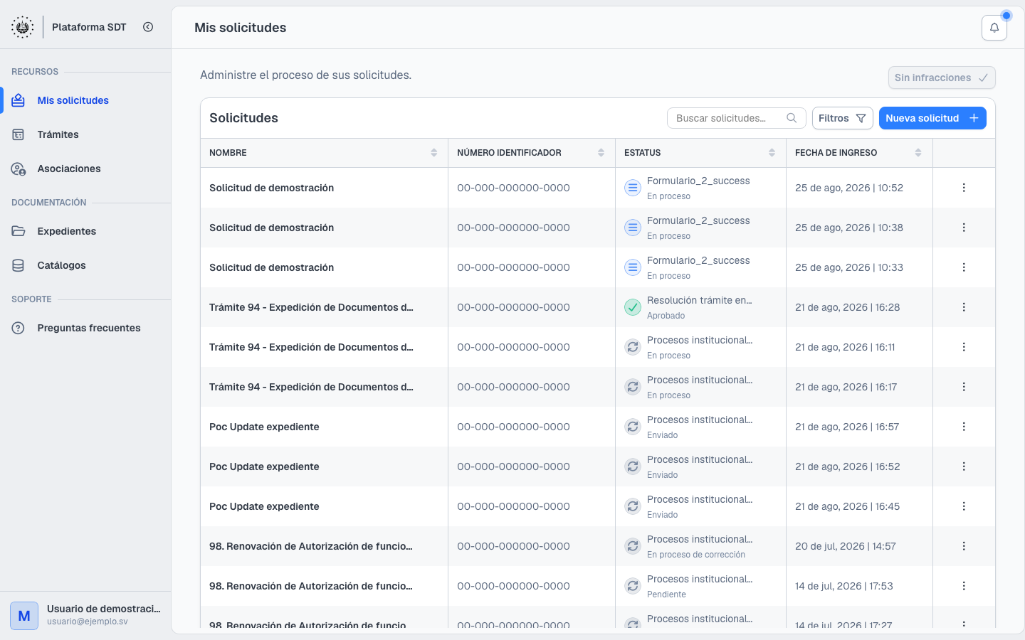 Listado Mis solicitudes con estados e identificadores