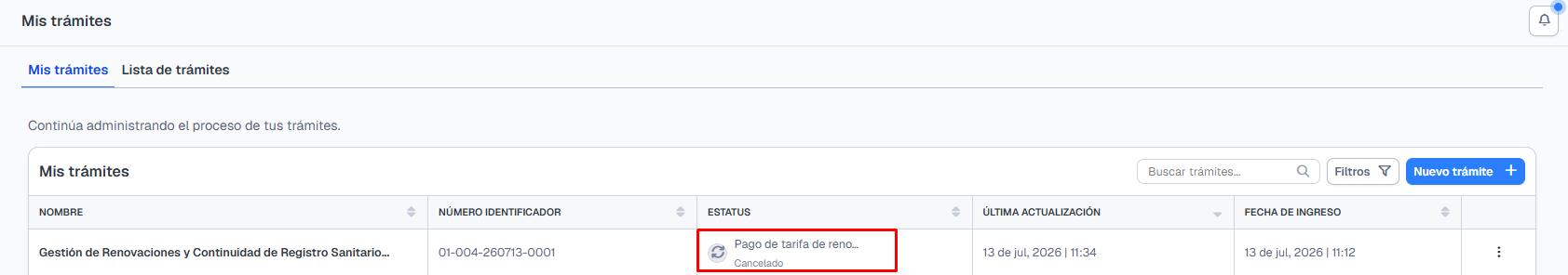 Solicitud con estado Cancelado tras retirar tu solicitud