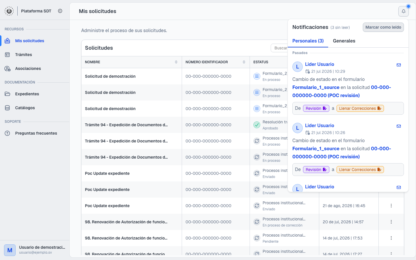 Campana de notificaciones en la barra superior del portal