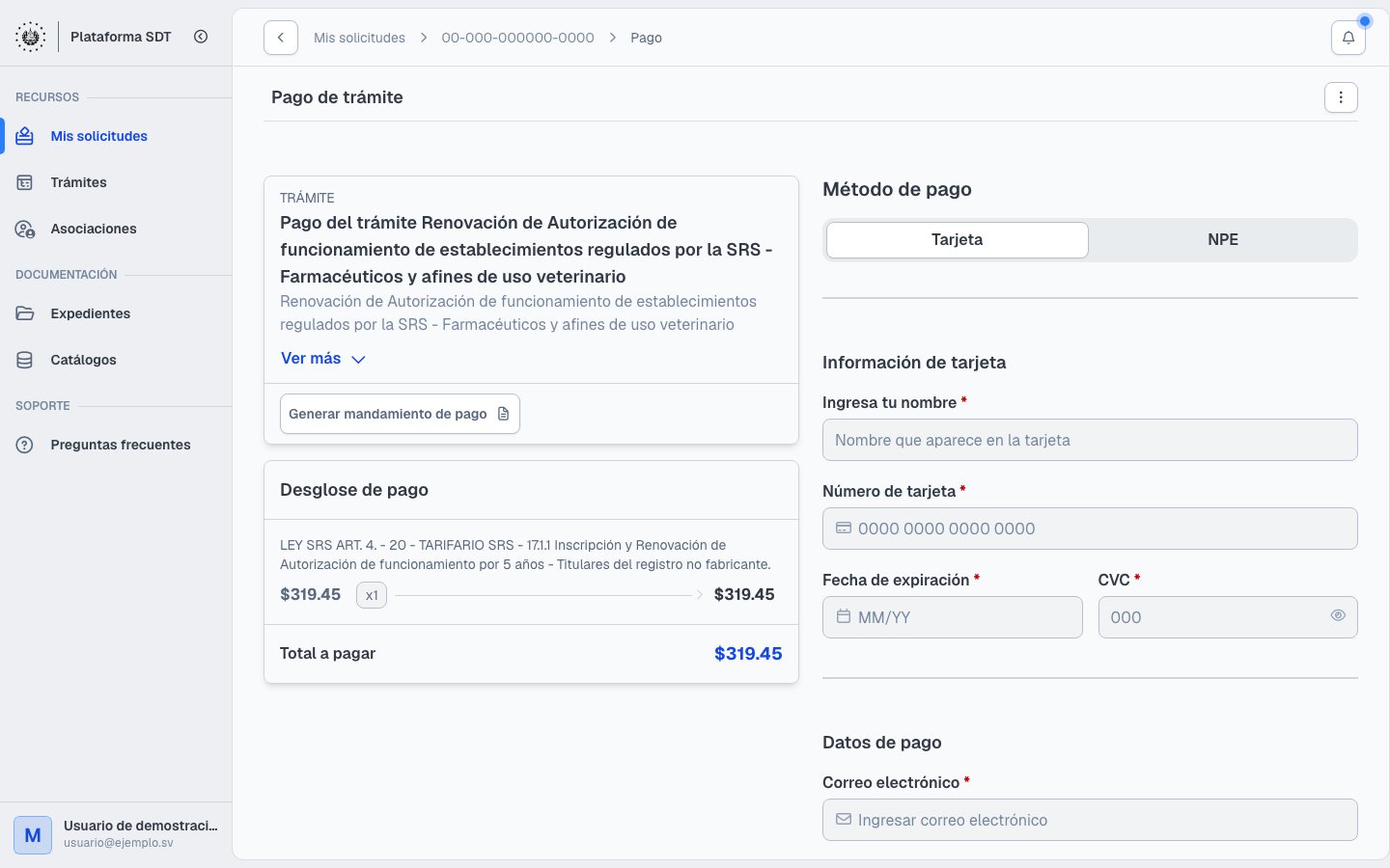 Pantalla de pago con método Tarjeta y desglose