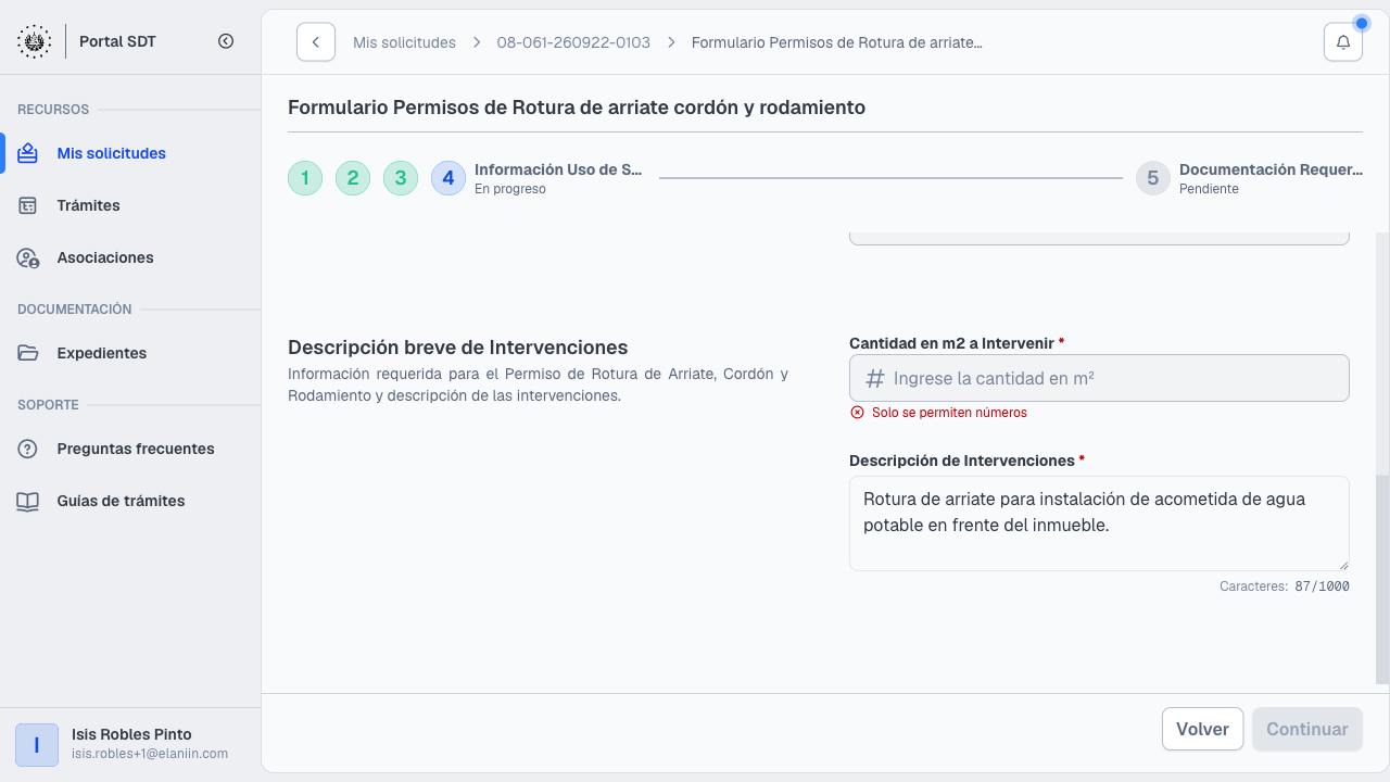 Formulario paso 4 con m² a intervenir y descripción
