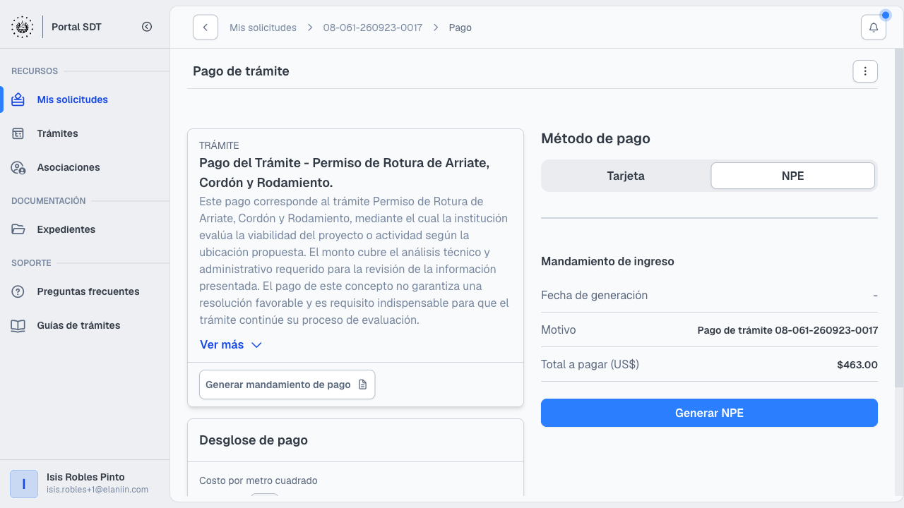Pantalla de pago con desglose del permiso de rotura de arriate