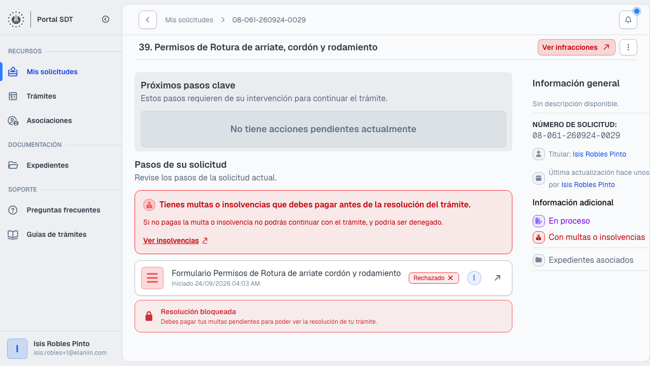 Banner de multas o insolvencias en el detalle de la solicitud