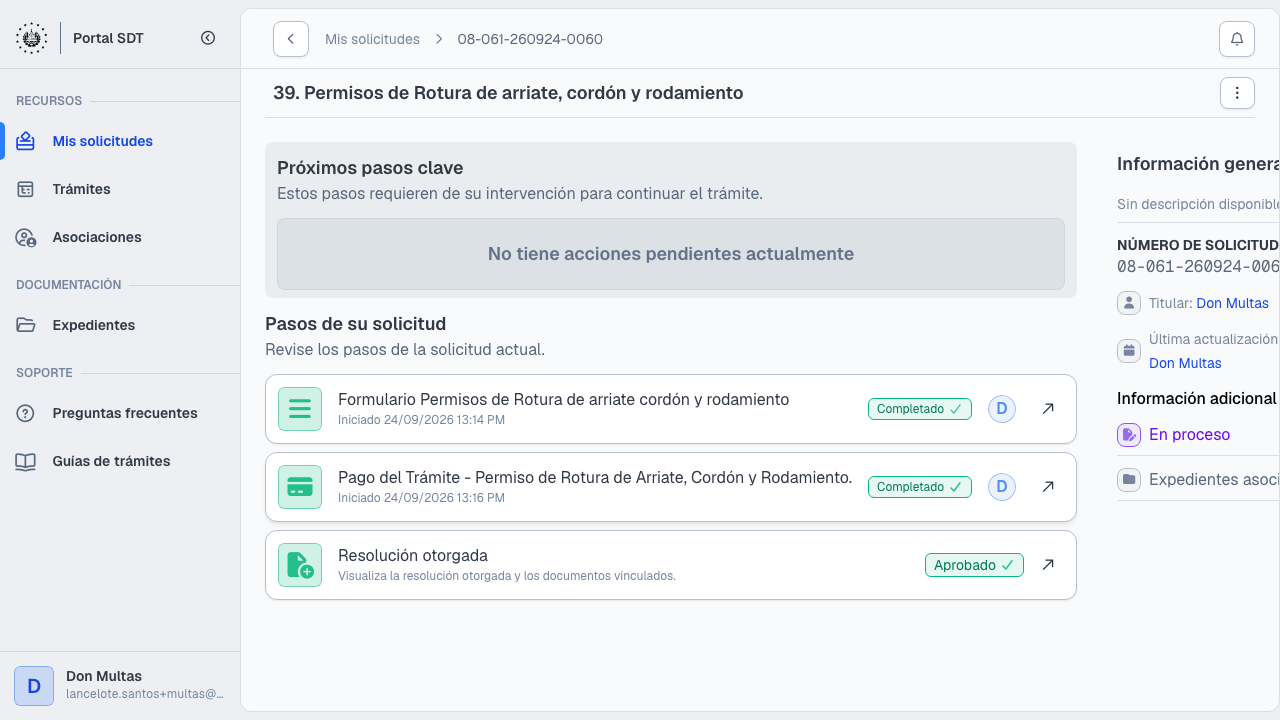 Detalle del trámite con formulario, pago y resolución aprobada