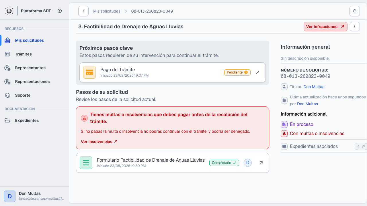 Detalle de la solicitud con aviso de multas o insolvencias