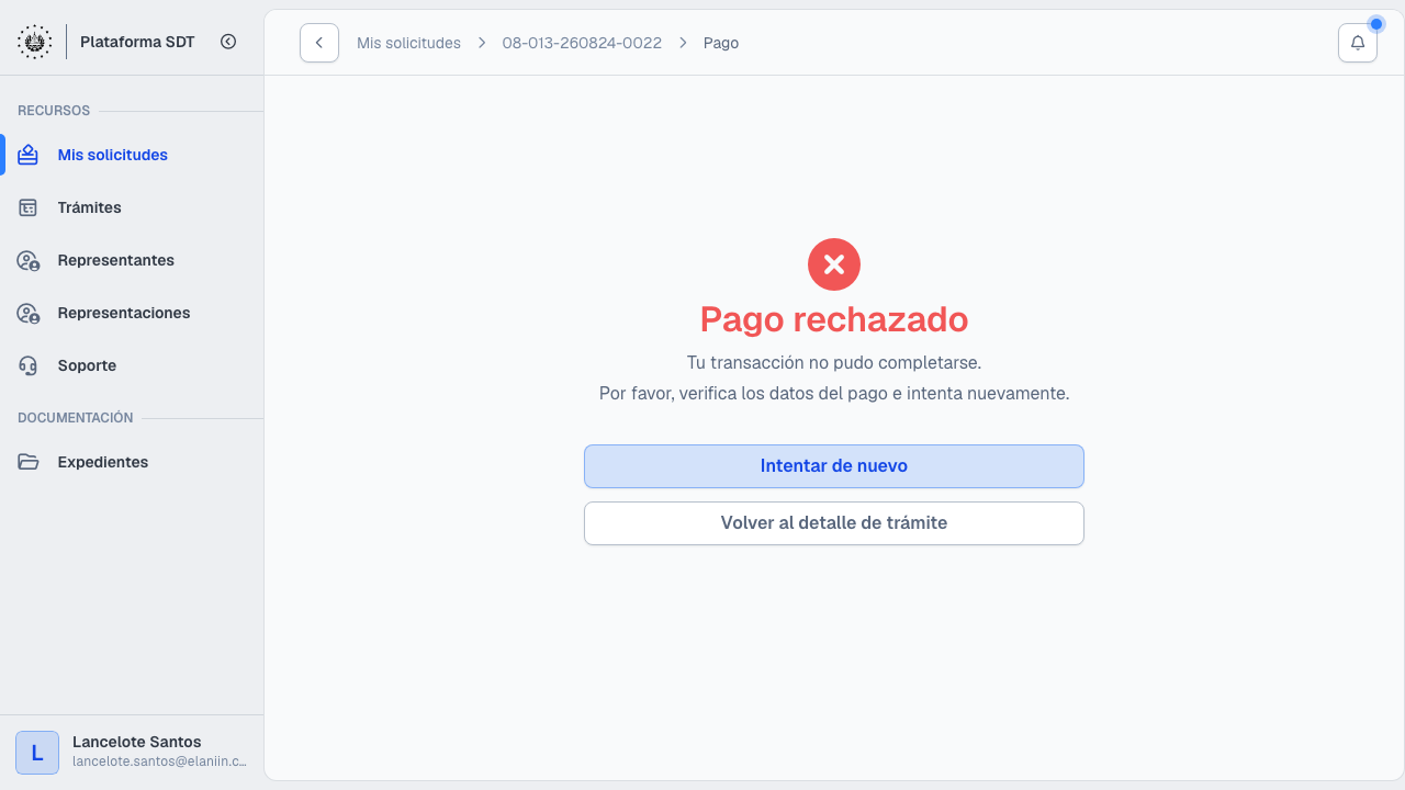 Pago rechazado con opción de reintentar
