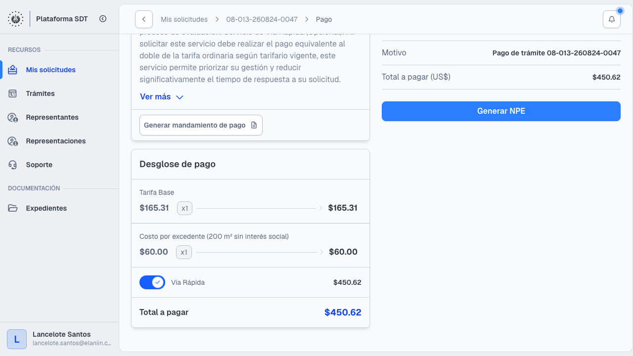 Pantalla de pago con tarifa base, excedente y Vía Rápida activada