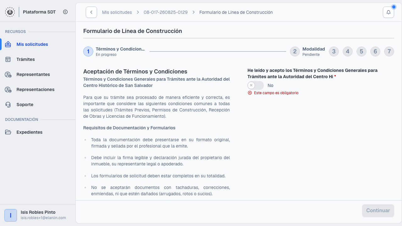 Paso 1: términos y condiciones del formulario de Línea de Construcción