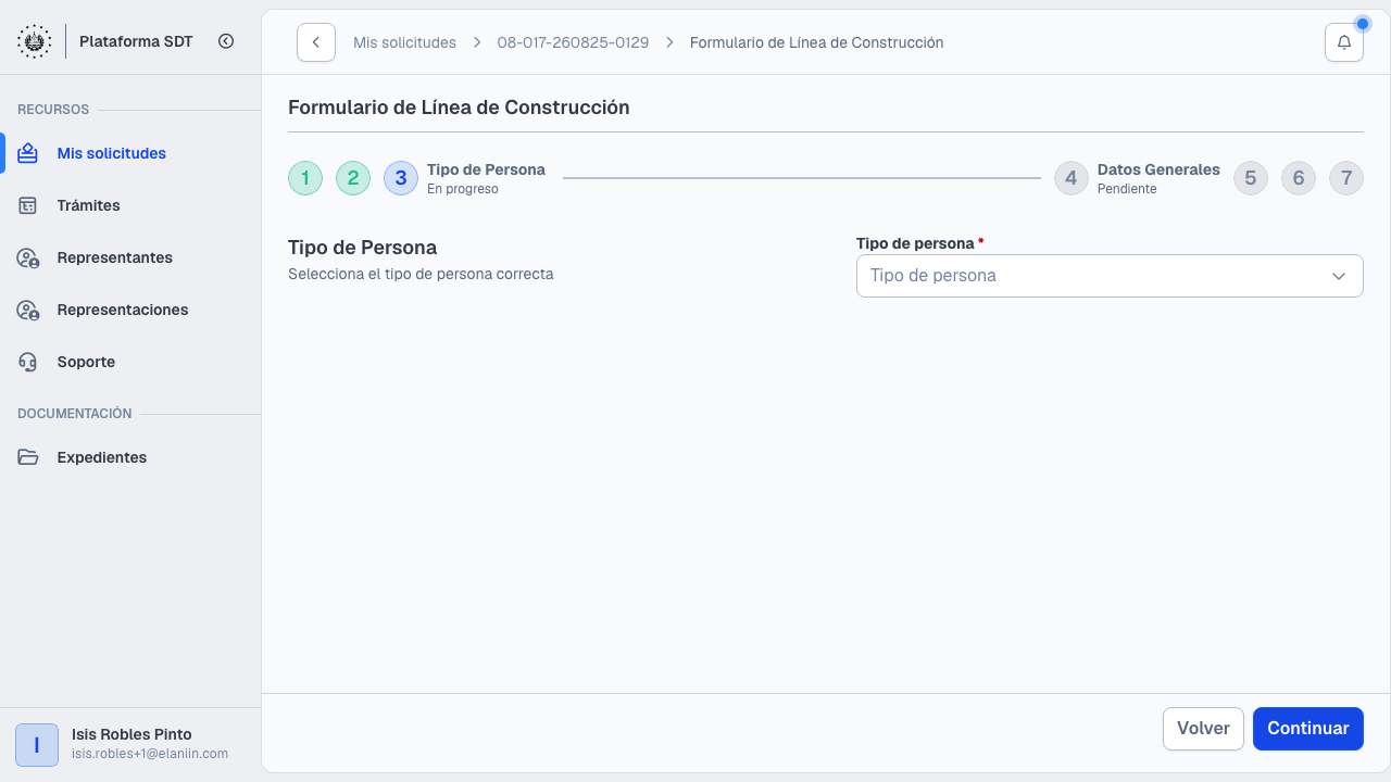Paso 3: tipo de persona en Línea de Construcción