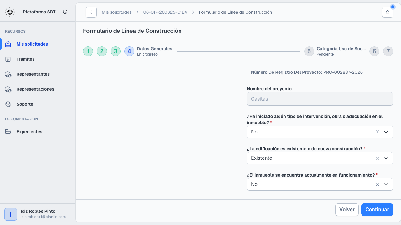 Paso 4: datos generales con campos autocompletados y preguntas del proyecto