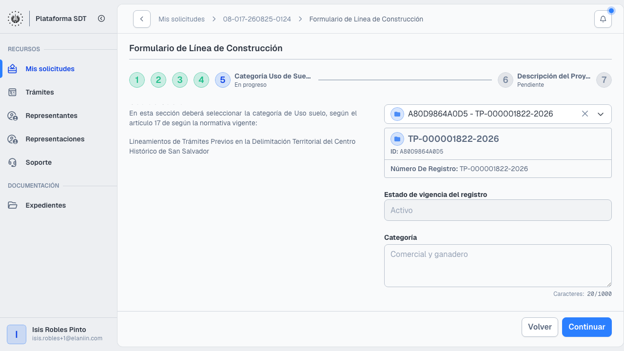 Paso 5: categoría de uso de suelo con expediente TP activo