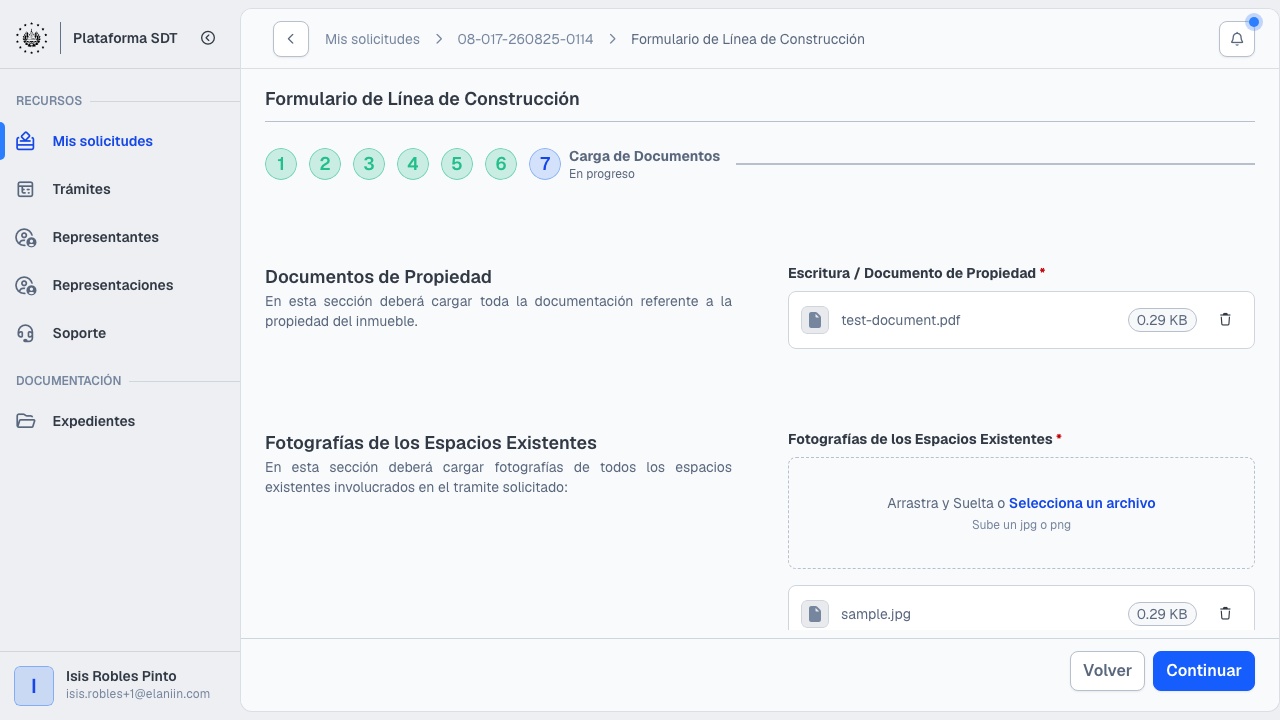 Paso 7: carga de documentos del formulario de Línea de Construcción