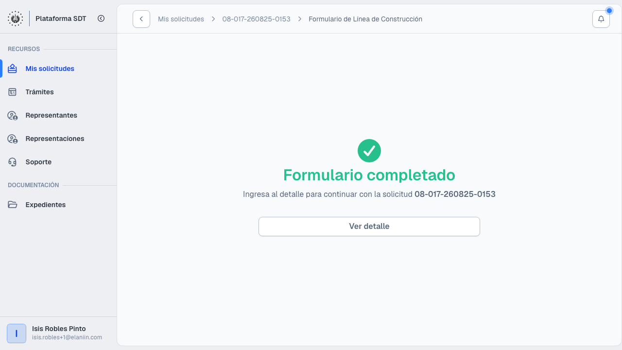 Confirmación Formulario completado de Línea de Construcción