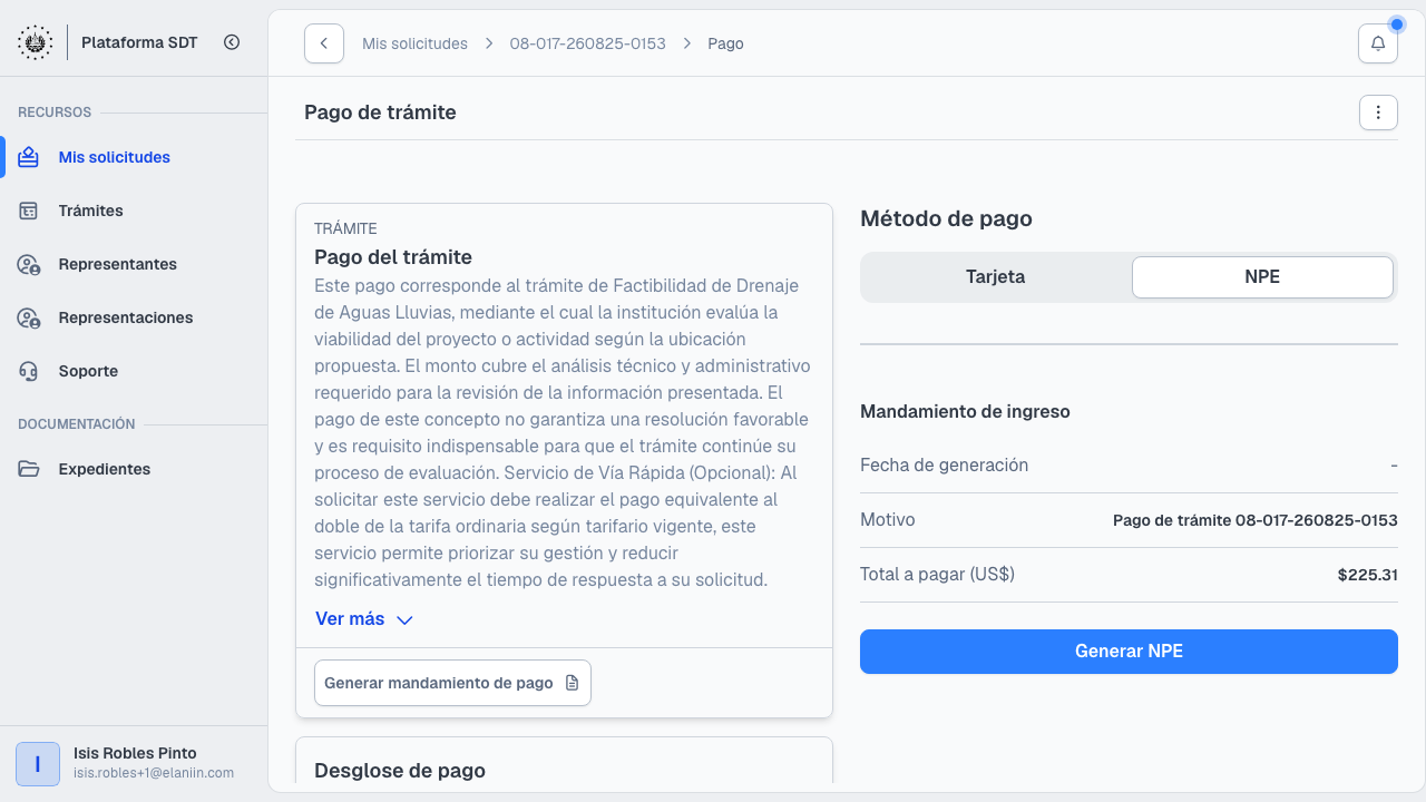 Pantalla de pago del trámite con total y opción NPE