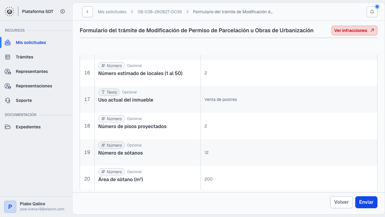 Revisión del formulario de modificación antes de enviar