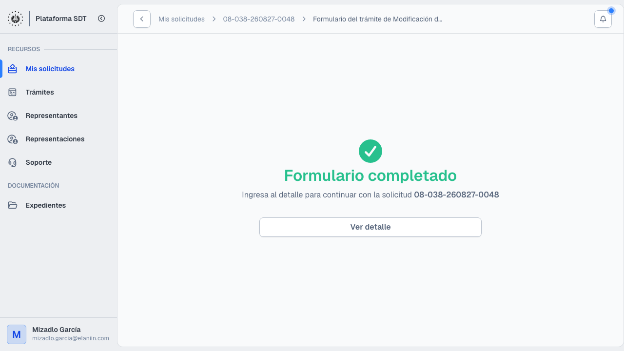 Confirmación Formulario completado de la modificación