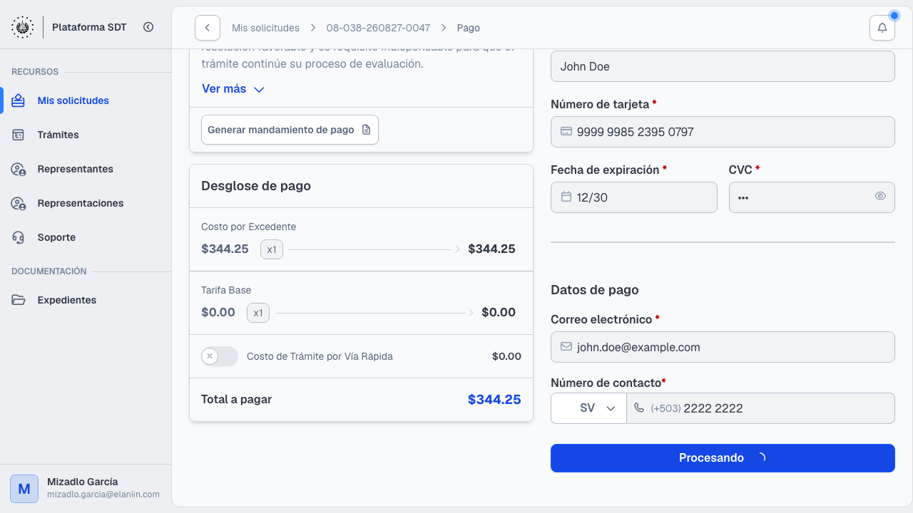 Pantalla de pago de la modificación de parcelación