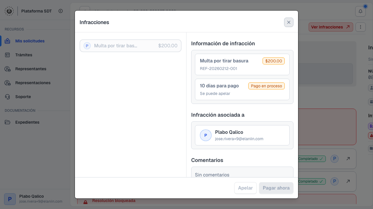 Modal de infracciones con multa en proceso de pago