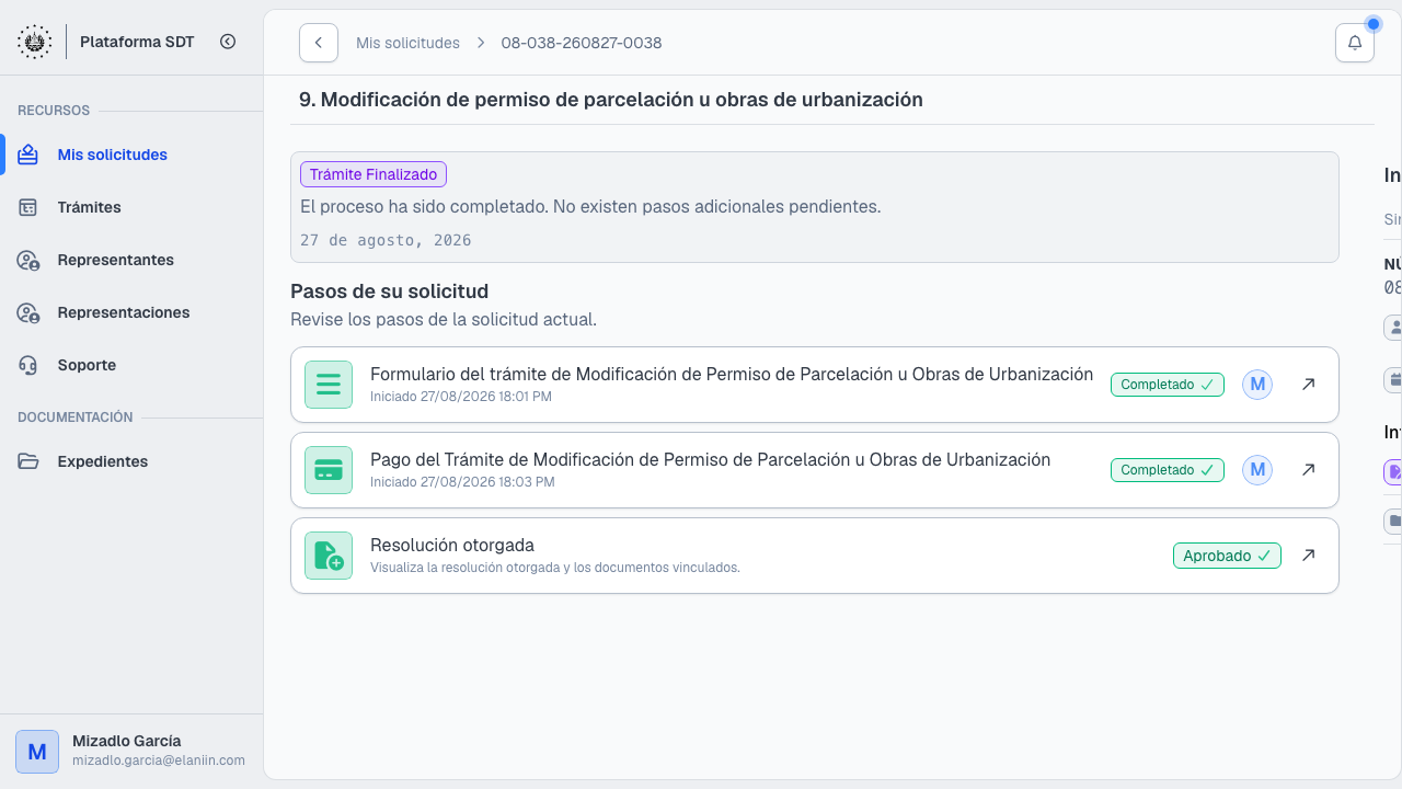 Detalle con trámite finalizado y resolución aprobada