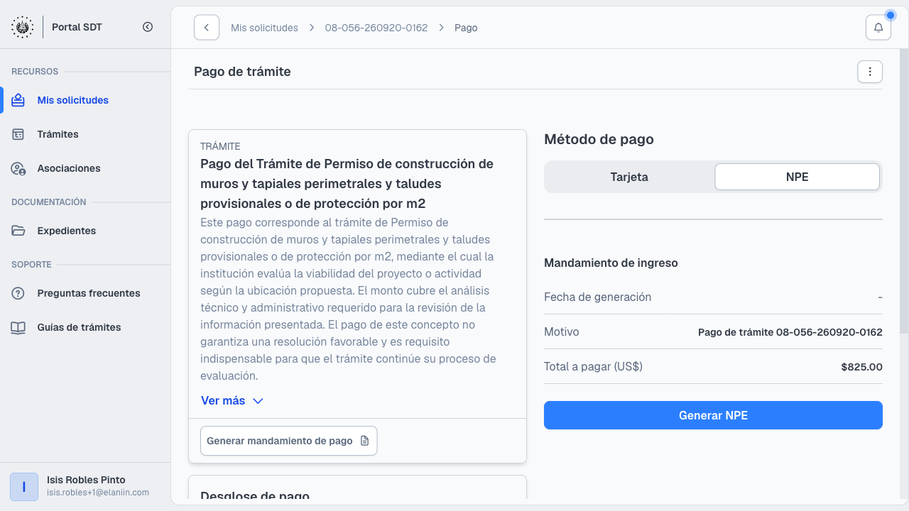 Pantalla de pago con desglose y opción de generar NPE