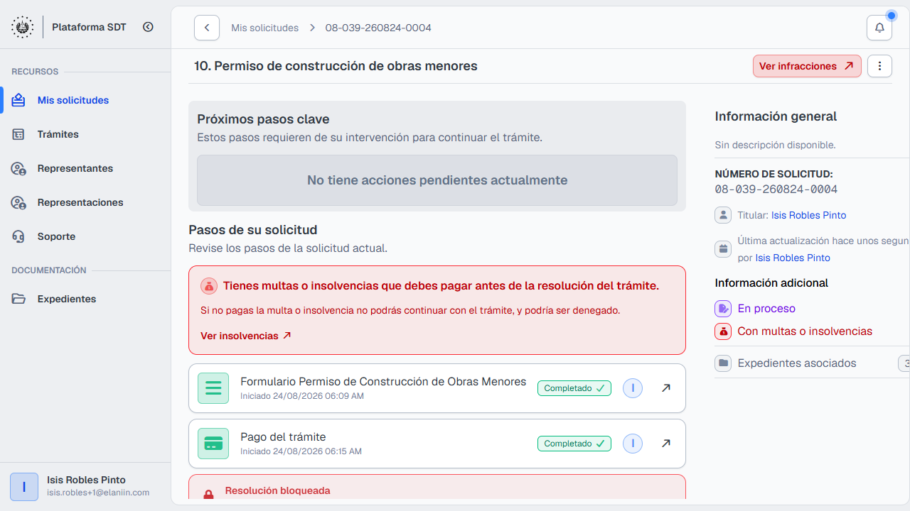 Detalle con aviso de multas y resolución bloqueada