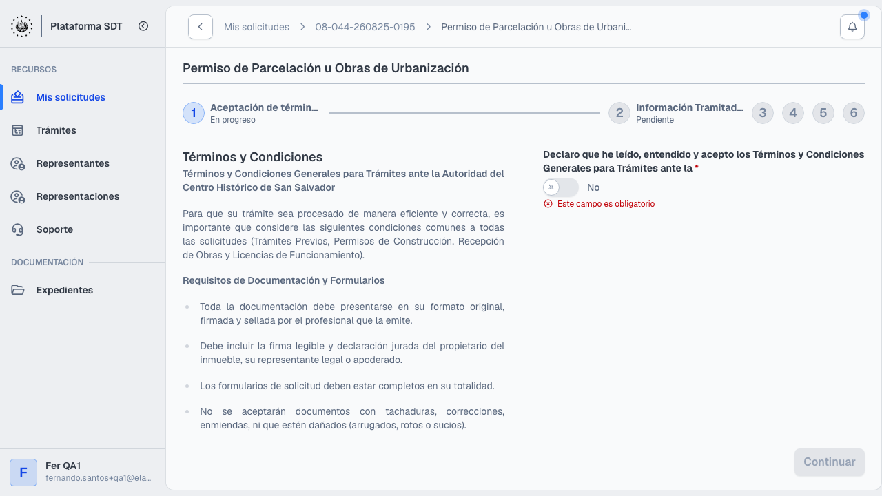 Paso 1: términos y condiciones del permiso de parcelación