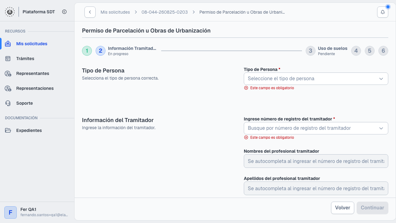 Paso 2: tipo de persona e información del tramitador
