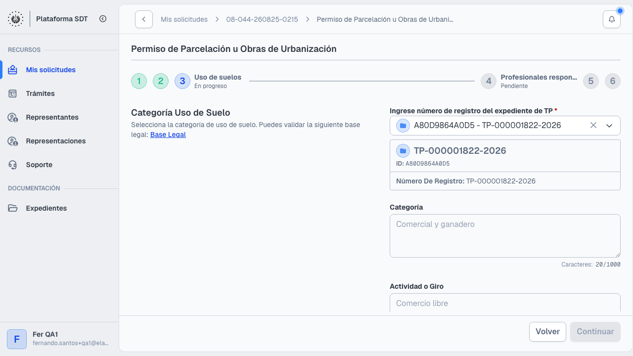 Paso 3: categoría de uso de suelo con expediente TP