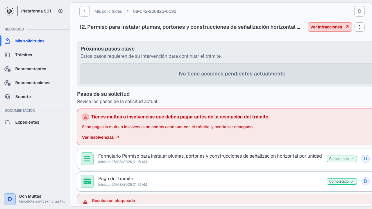 Detalle con aviso de multas y resolución bloqueada