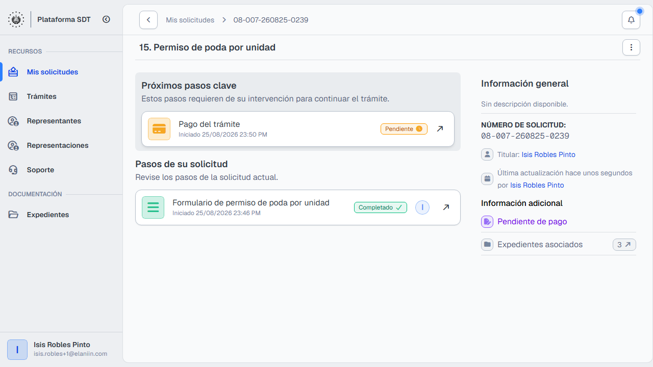 Detalle con pago del permiso de poda pendiente