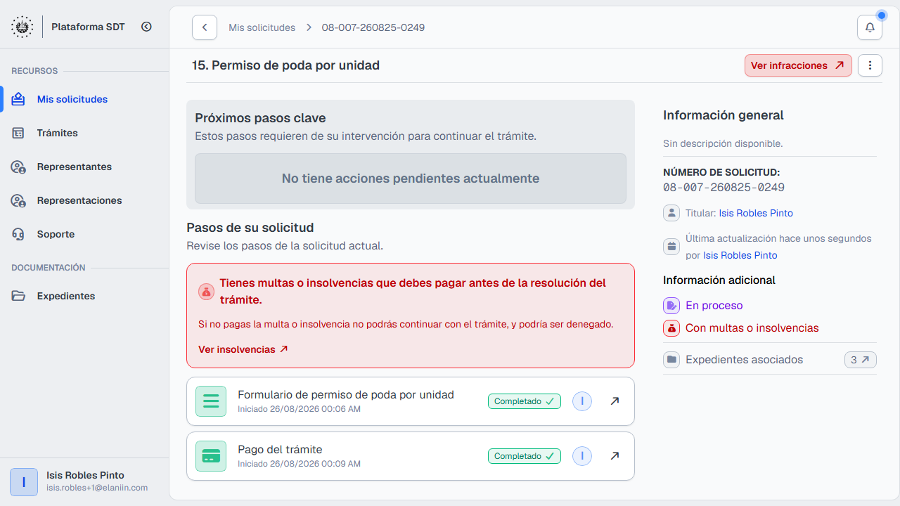 Detalle con aviso de multas e insolvencias