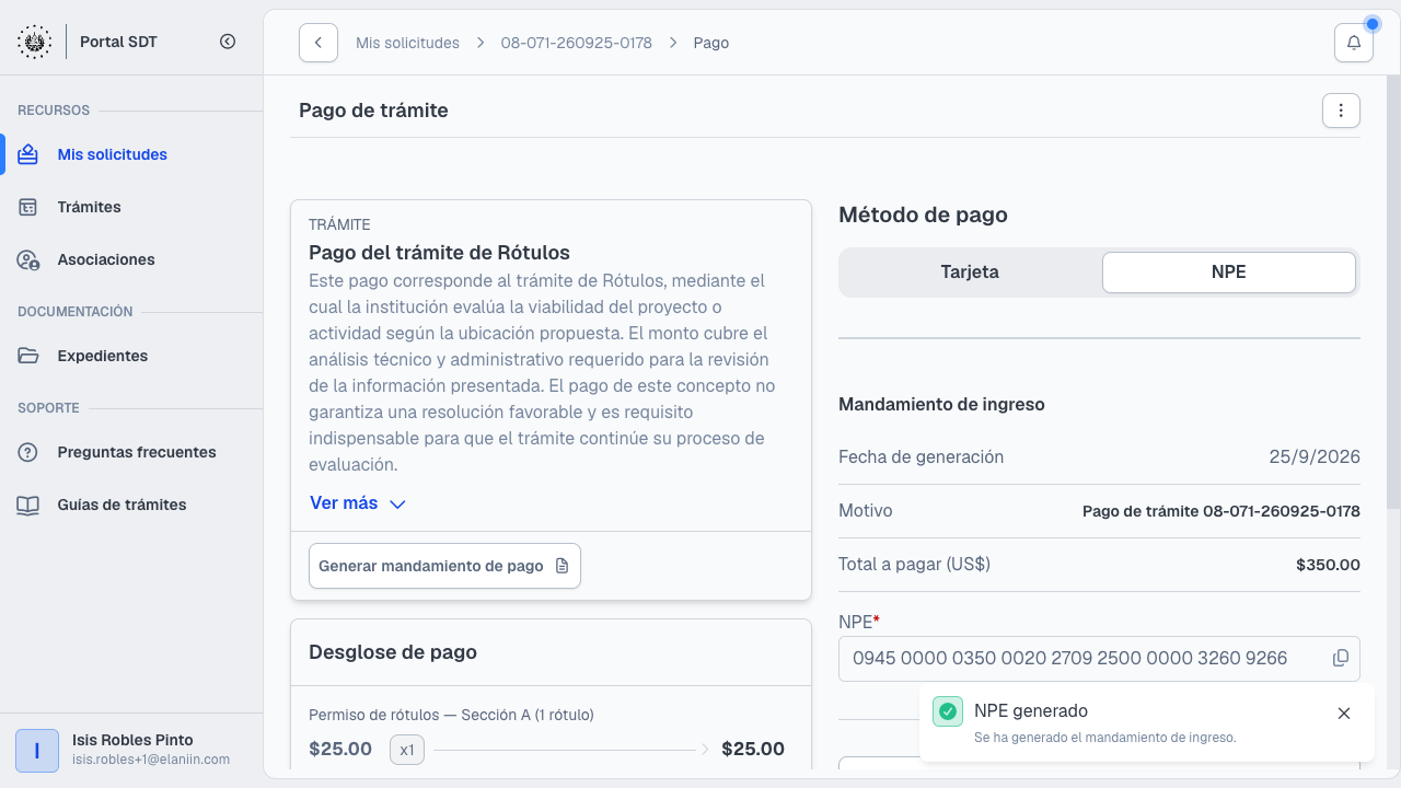Pago del trámite de rótulos