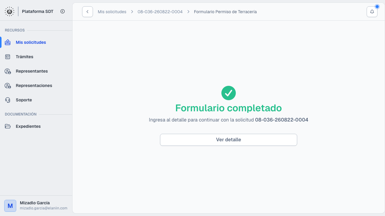 Confirmación Formulario completado del permiso de terracería