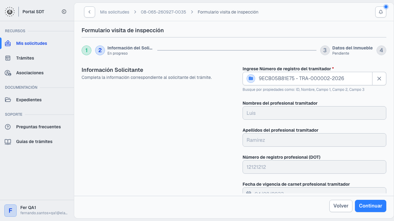 Formulario de visita paso 2 con datos del tramitador