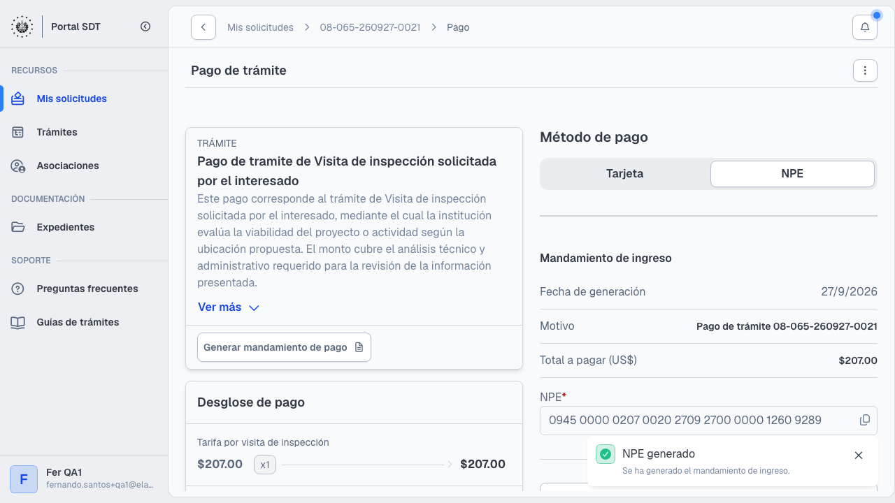 Pago de la visita de inspección con NPE generado